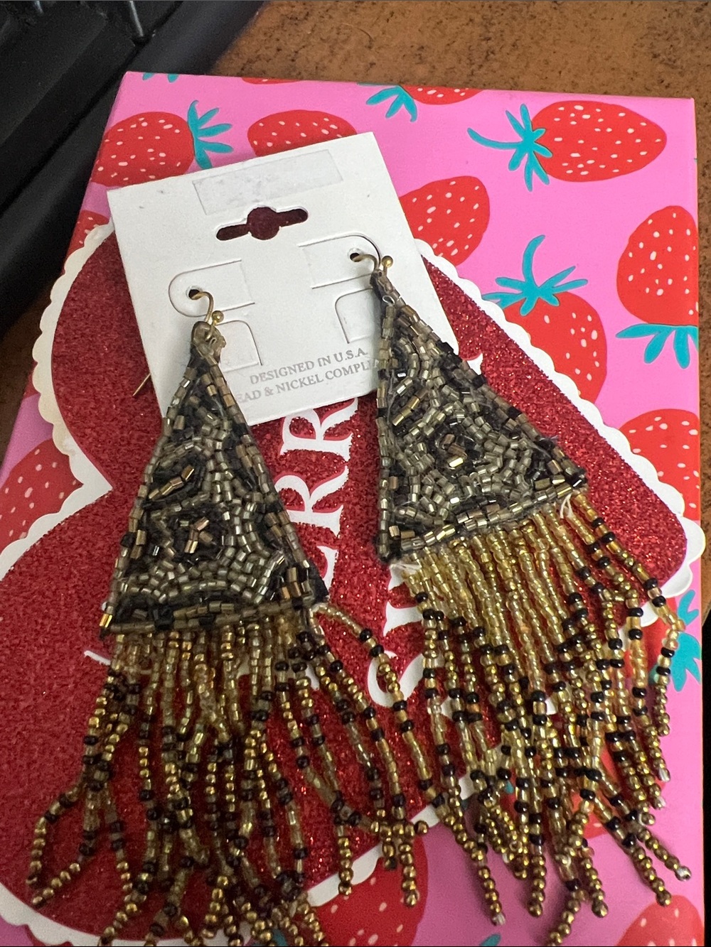 Source Unknown Gold and Black Beaded Fringe Triangle Earrings
